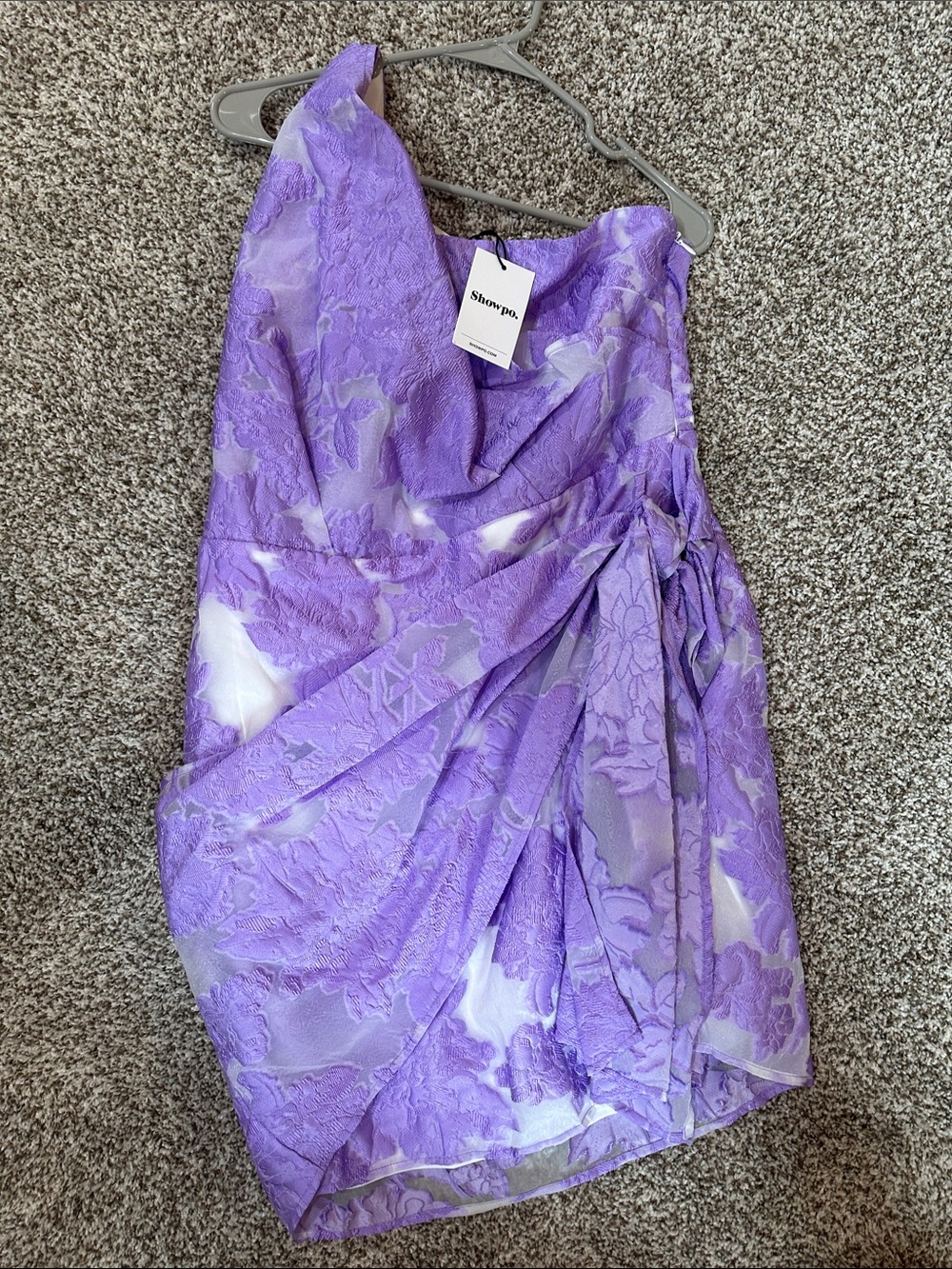Showpo Lavender Floral Lace One-Shoulder Dress